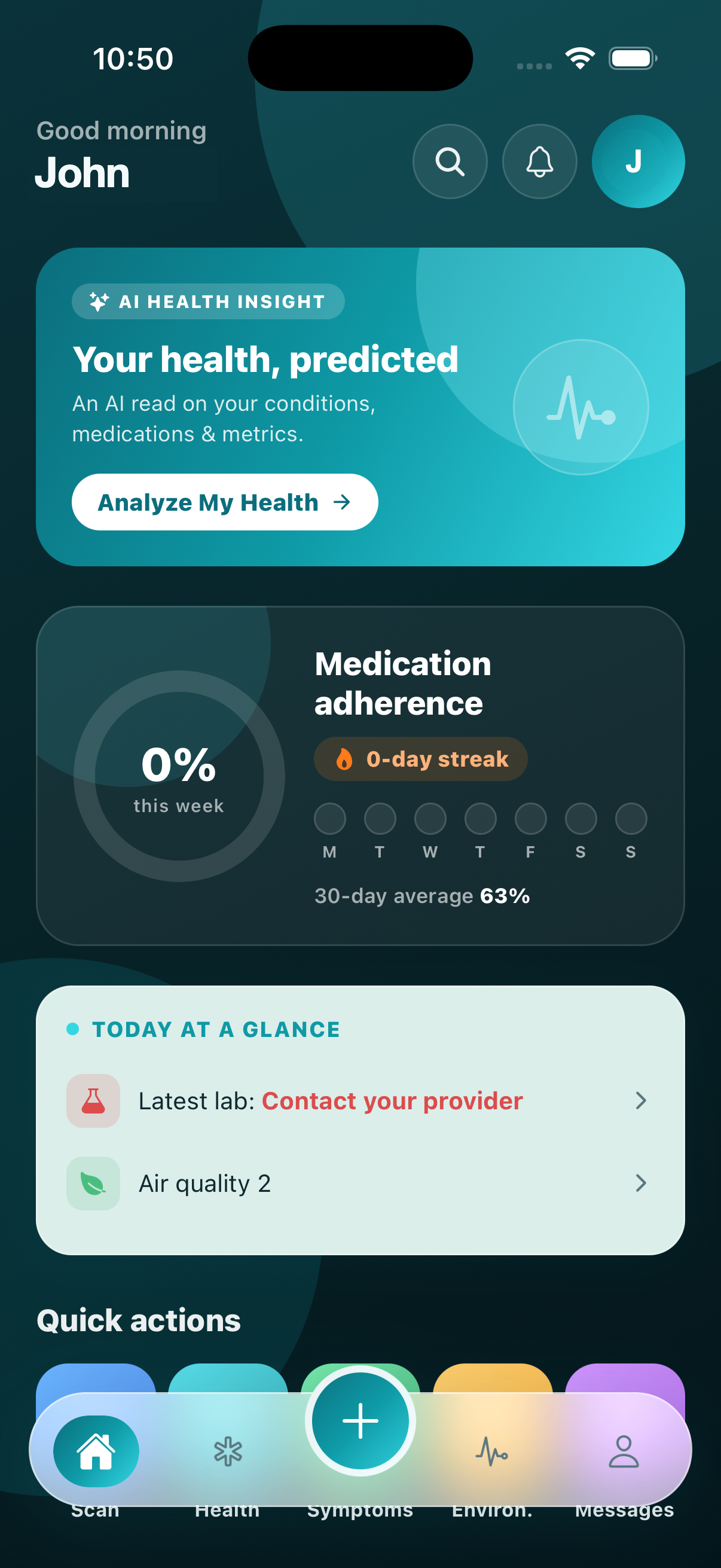 MediGuard patient home — medication adherence ring, AI health insight and quick actions